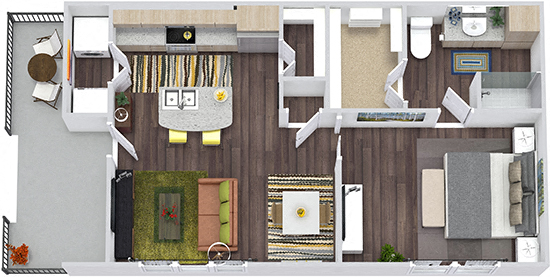 Floor plan for 1 bed, 1 bath, 683 sqft